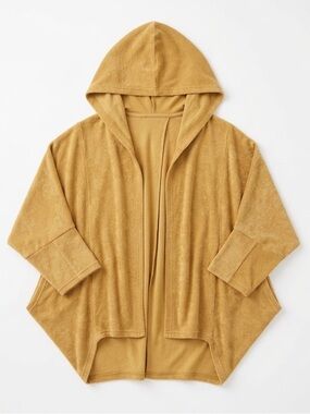 Love & Love Tan Terry Cloth Hooded Cardigan Wrap Kimono Shacket EUC Medium